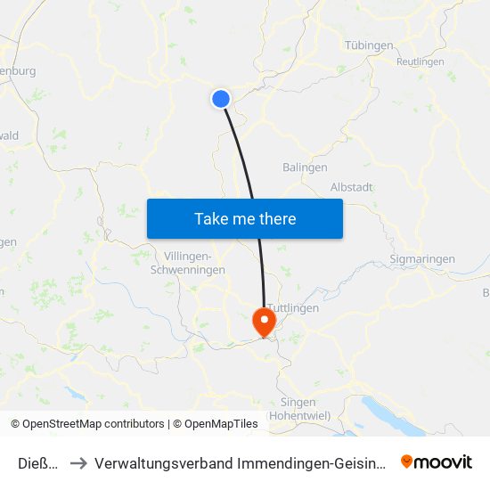 Dießen to Verwaltungsverband Immendingen-Geisingen map