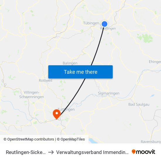 Reutlingen-Sickenhausen to Verwaltungsverband Immendingen-Geisingen map