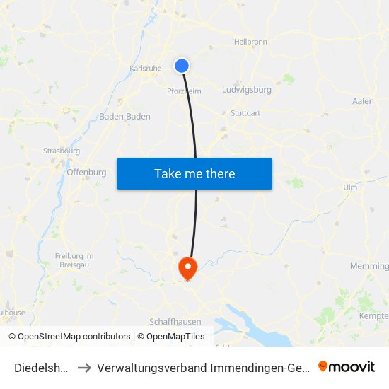Diedelsheim to Verwaltungsverband Immendingen-Geisingen map