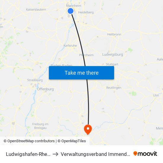 Ludwigshafen-Rheingönheim to Verwaltungsverband Immendingen-Geisingen map