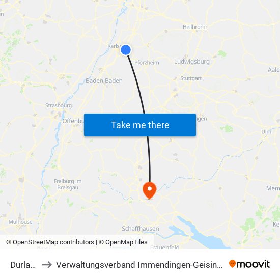 Durlach to Verwaltungsverband Immendingen-Geisingen map