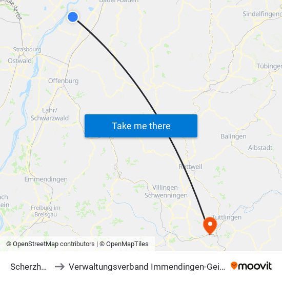 Scherzheim to Verwaltungsverband Immendingen-Geisingen map