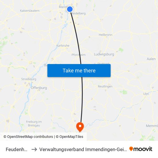 Feudenheim to Verwaltungsverband Immendingen-Geisingen map