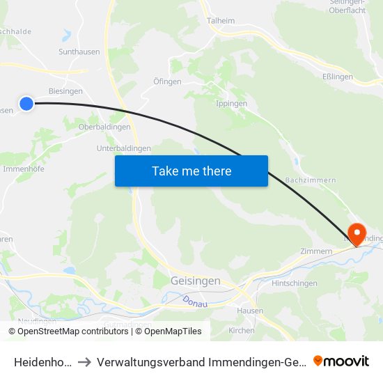 Heidenhofen to Verwaltungsverband Immendingen-Geisingen map