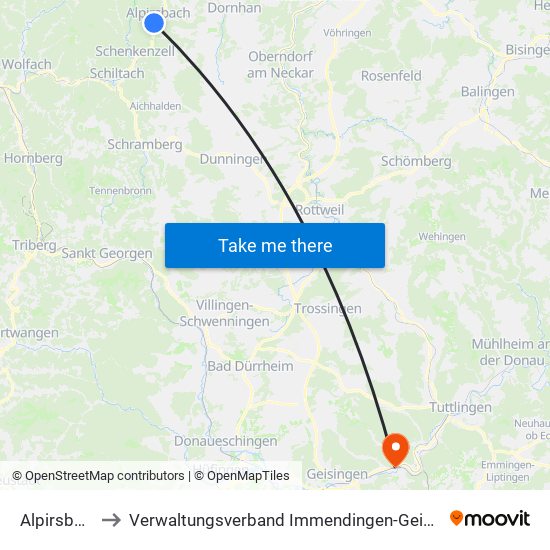 Alpirsbach to Verwaltungsverband Immendingen-Geisingen map