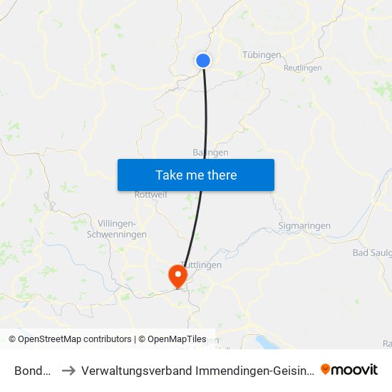 Bondorf to Verwaltungsverband Immendingen-Geisingen map