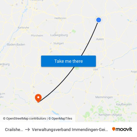 Crailsheim to Verwaltungsverband Immendingen-Geisingen map