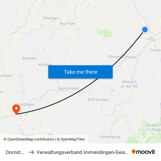 Dornstadt to Verwaltungsverband Immendingen-Geisingen map