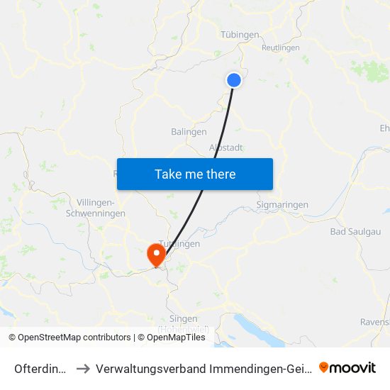Ofterdingen to Verwaltungsverband Immendingen-Geisingen map