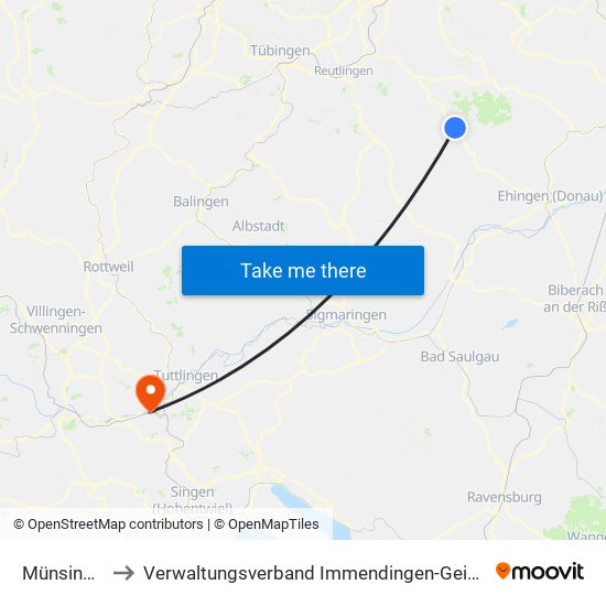 Münsingen to Verwaltungsverband Immendingen-Geisingen map
