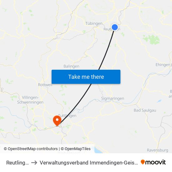 Reutlingen to Verwaltungsverband Immendingen-Geisingen map