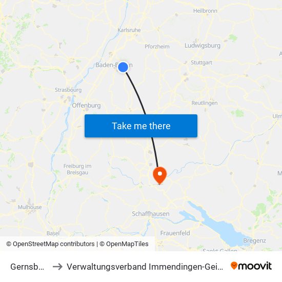 Gernsbach to Verwaltungsverband Immendingen-Geisingen map
