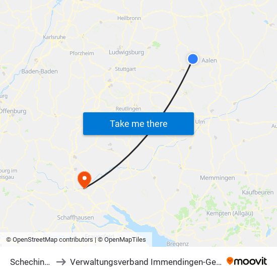 Schechingen to Verwaltungsverband Immendingen-Geisingen map