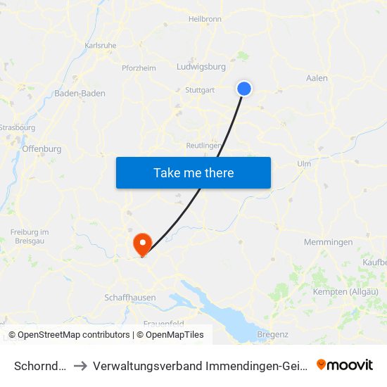 Schorndorf to Verwaltungsverband Immendingen-Geisingen map
