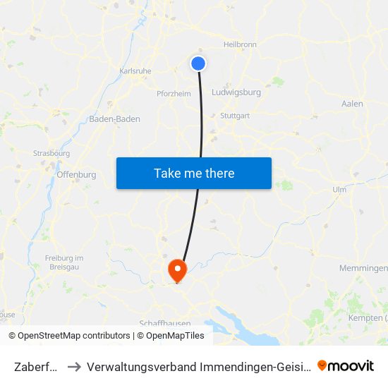 Zaberfeld to Verwaltungsverband Immendingen-Geisingen map