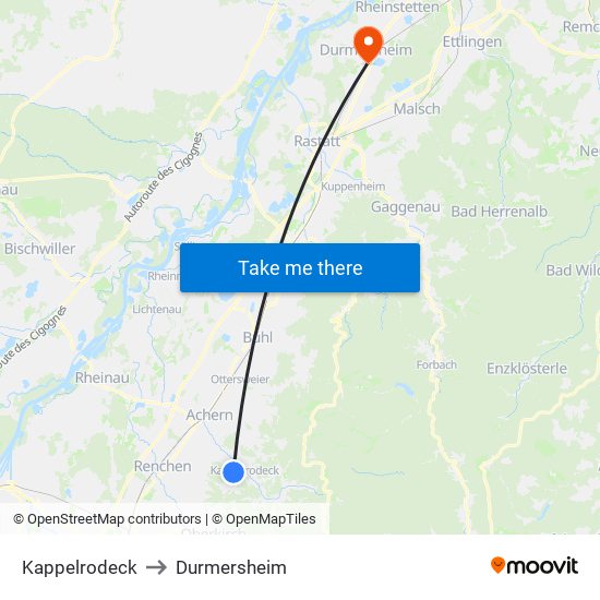 Kappelrodeck to Durmersheim map