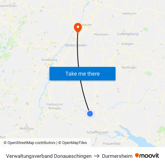 Verwaltungsverband Donaueschingen to Durmersheim map