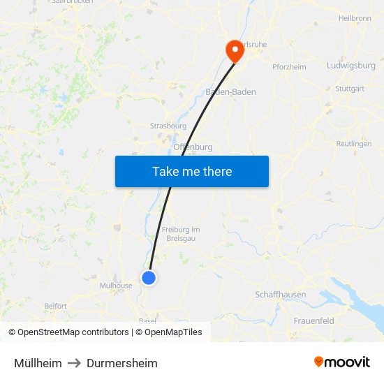 Müllheim to Durmersheim map