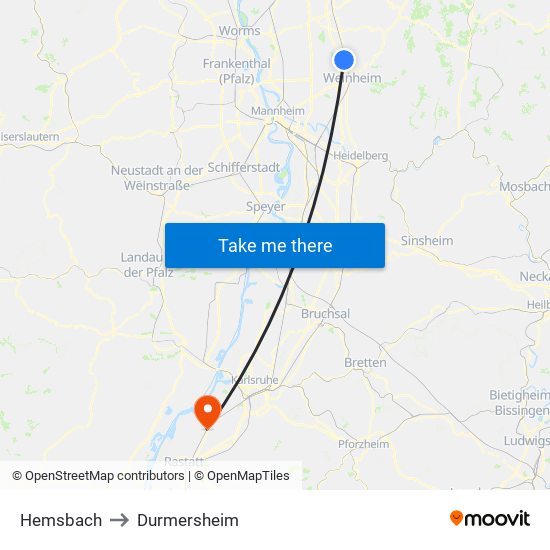 Hemsbach to Durmersheim map