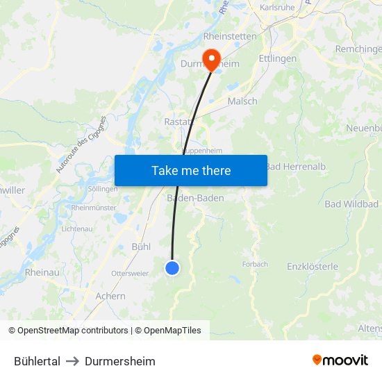 Bühlertal to Durmersheim map