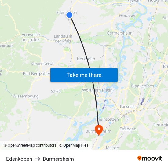 Edenkoben to Durmersheim map