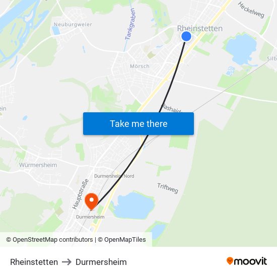 Rheinstetten to Durmersheim map