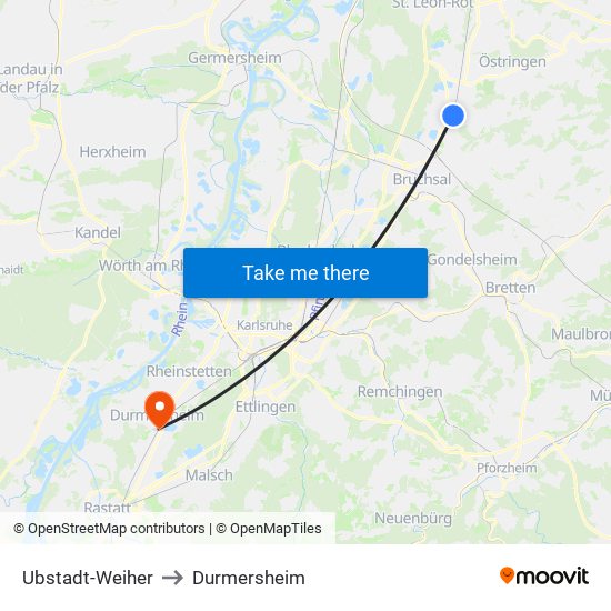 Ubstadt-Weiher to Durmersheim map