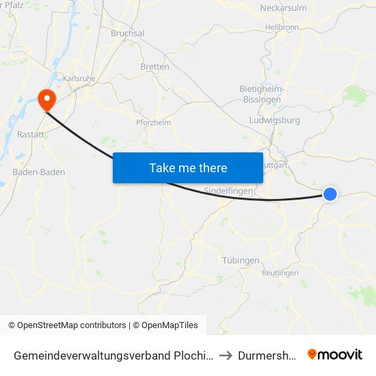 Gemeindeverwaltungsverband Plochingen to Durmersheim map