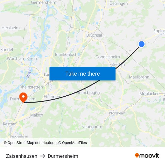 Zaisenhausen to Durmersheim map