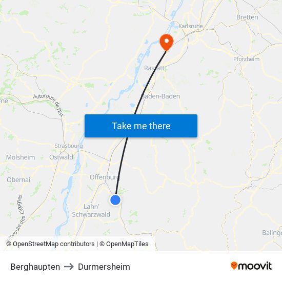 Berghaupten to Durmersheim map