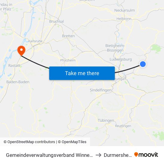 Gemeindeverwaltungsverband Winnenden to Durmersheim map