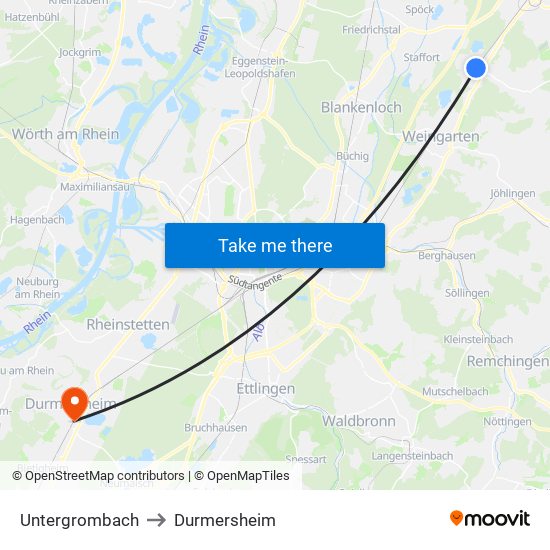 Untergrombach to Durmersheim map