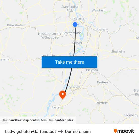 Ludwigshafen-Gartenstadt to Durmersheim map