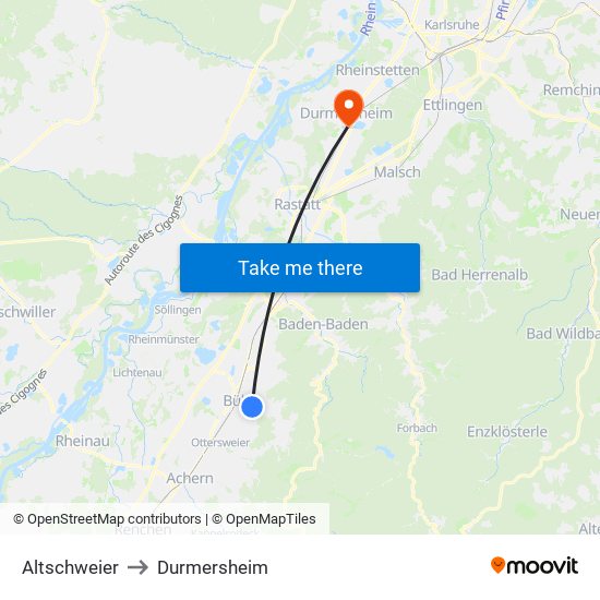 Altschweier to Durmersheim map