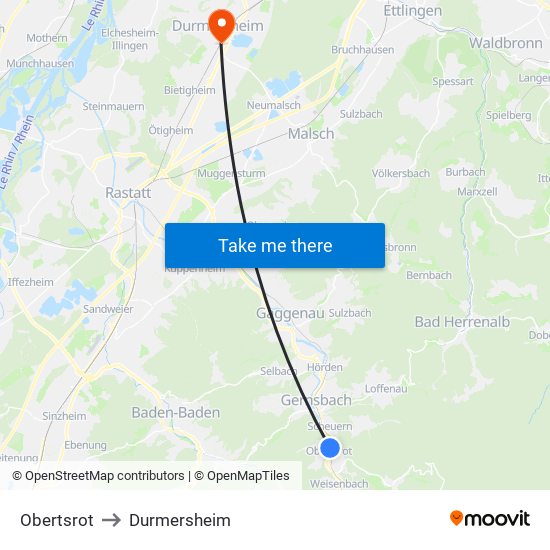 Obertsrot to Durmersheim map