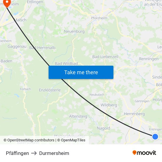 Pfäffingen to Durmersheim map