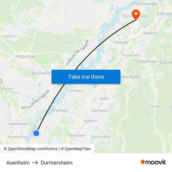 Auenheim to Durmersheim map