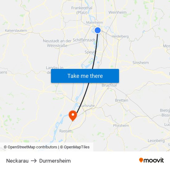 Neckarau to Durmersheim map