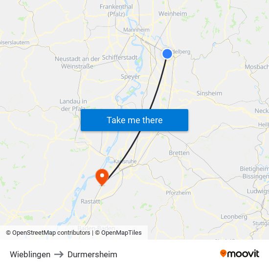 Wieblingen to Durmersheim map