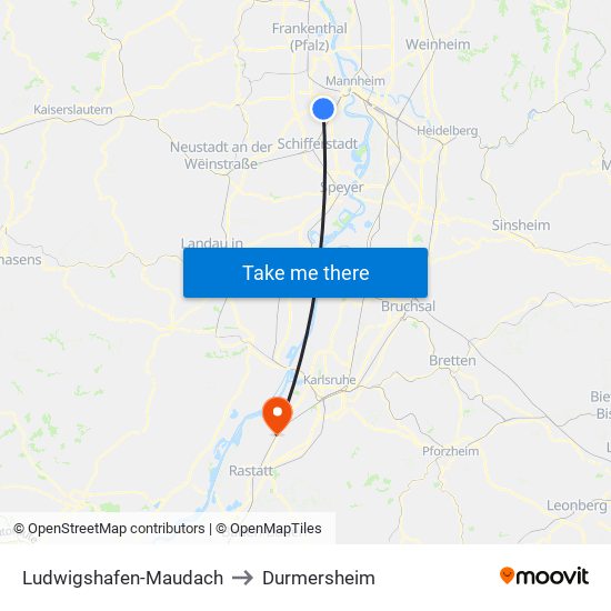 Ludwigshafen-Maudach to Durmersheim map