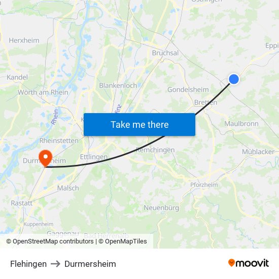 Flehingen to Durmersheim map
