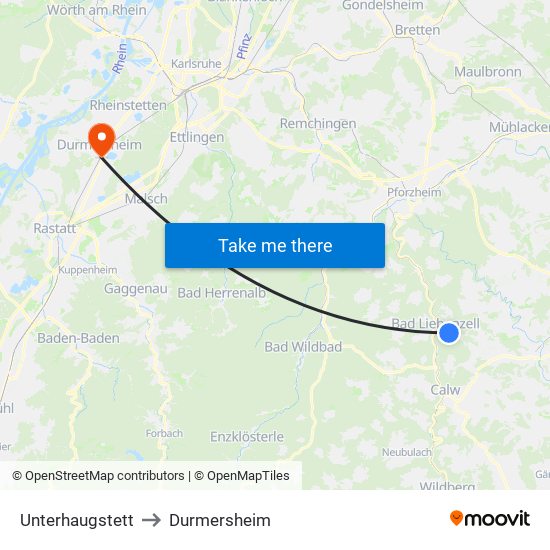 Unterhaugstett to Durmersheim map