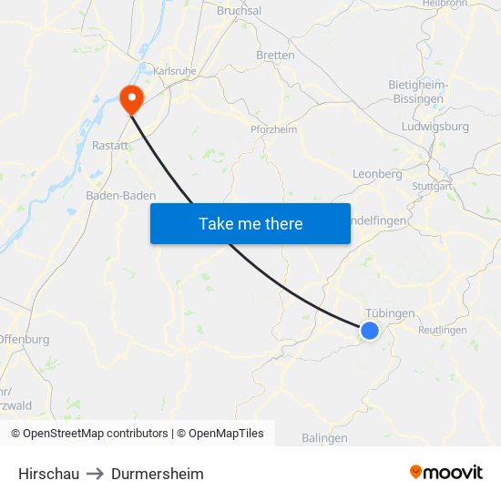 Hirschau to Durmersheim map