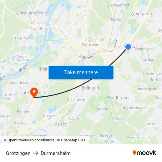 Grötzingen to Durmersheim map