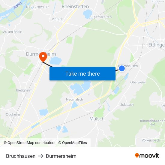 Bruchhausen to Durmersheim map