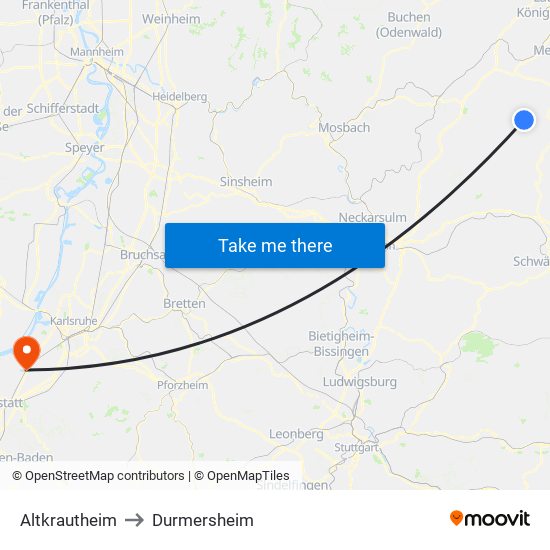 Altkrautheim to Durmersheim map