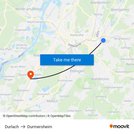 Durlach to Durmersheim map