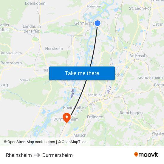 Rheinsheim to Durmersheim map