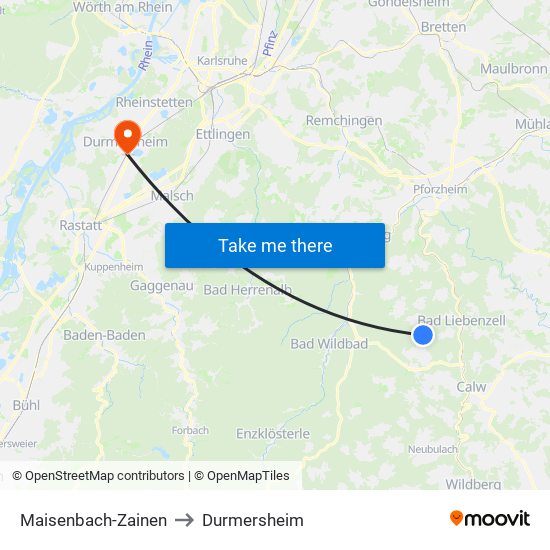 Maisenbach-Zainen to Durmersheim map