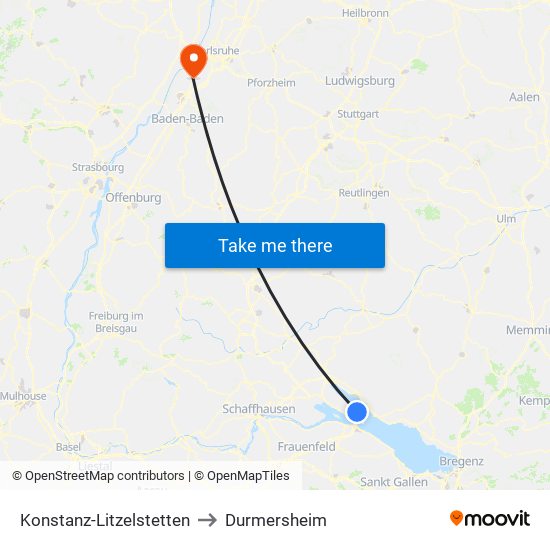 Konstanz-Litzelstetten to Durmersheim map